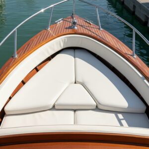 Set de perne albe personalizate montate pe bancheta din fata a unui yacht, croite după dimensiunea exactă a ambarcațiunii.